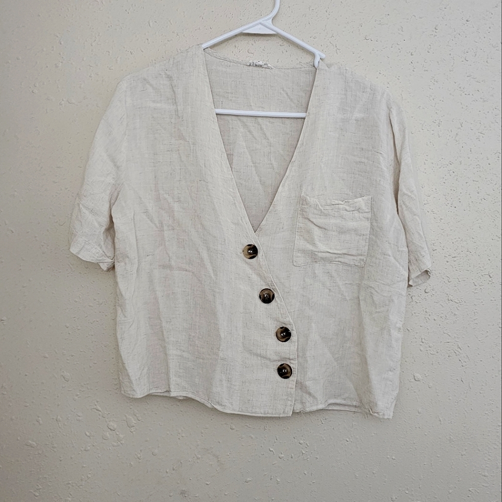 Lunik Button Down Short Sleeve V-Neck Crop Top Shirt